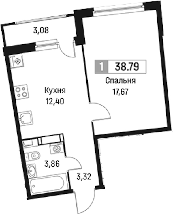 1-комнатная квартира 38.79 м², 6/18 эт., ЖК «Авиатор»