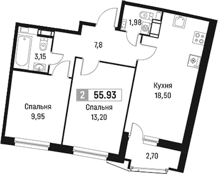 2-комнатная квартира 55.93 м², 6/18 эт., ЖК «Авиатор»