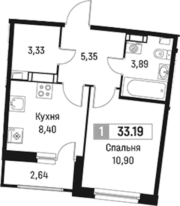 1-комнатная квартира 33.19 м², 6/18 эт., ЖК «Авиатор»