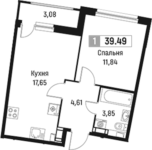 1-комнатная квартира 39.49 м², 7/18 эт., ЖК «Авиатор»