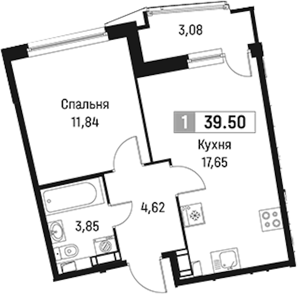1-комнатная квартира 39.5 м², 8/18 эт., ЖК «Авиатор»