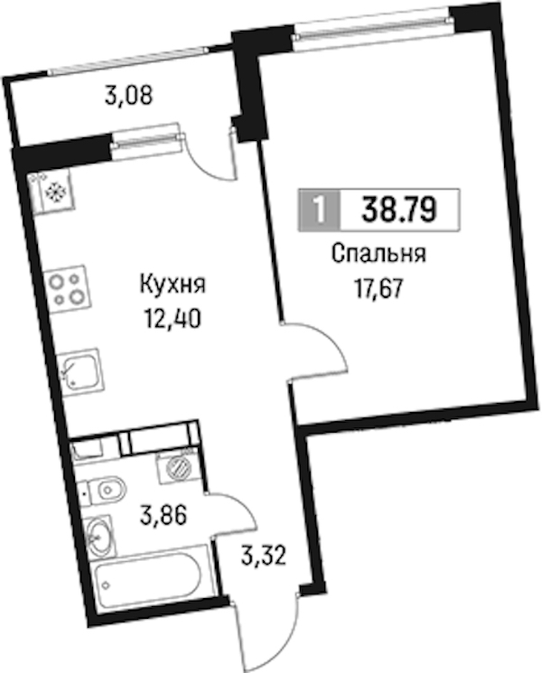 1-комнатная квартира 38.79 м², 8/18 эт., ЖК «Авиатор»