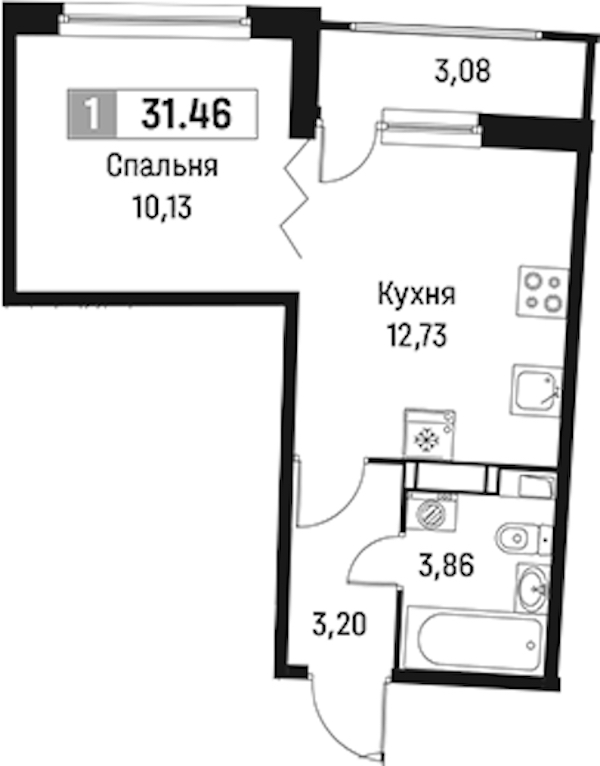 1-комнатная квартира 31.46 м², 8/18 эт., ЖК «Авиатор»
