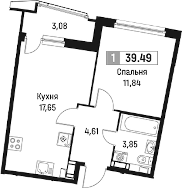 1-комнатная квартира 39.49 м², 8/18 эт., ЖК «Авиатор»