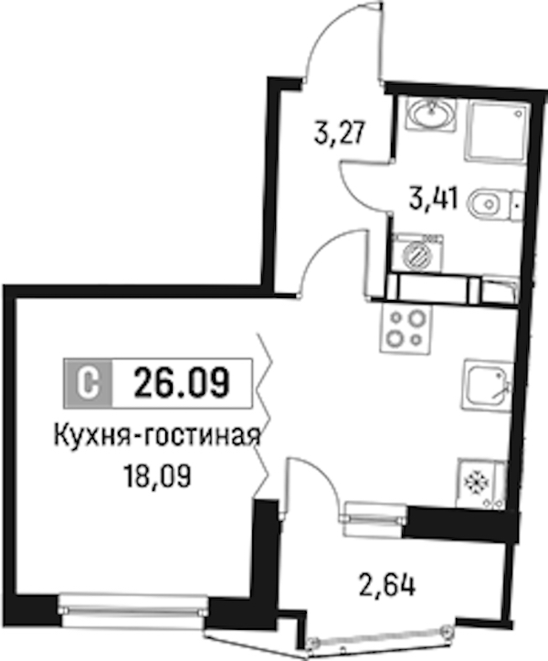 Квартира студия 26.09 м², 8/18 эт., ЖК «Авиатор»