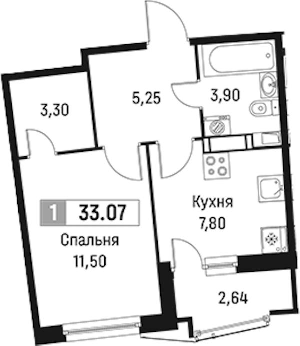 1-комнатная квартира 33.07 м², 11/18 эт., ЖК «Авиатор»
