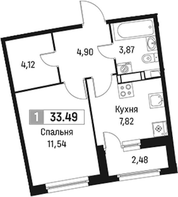 1-комнатная квартира 33.49 м², 11/18 эт., ЖК «Авиатор»