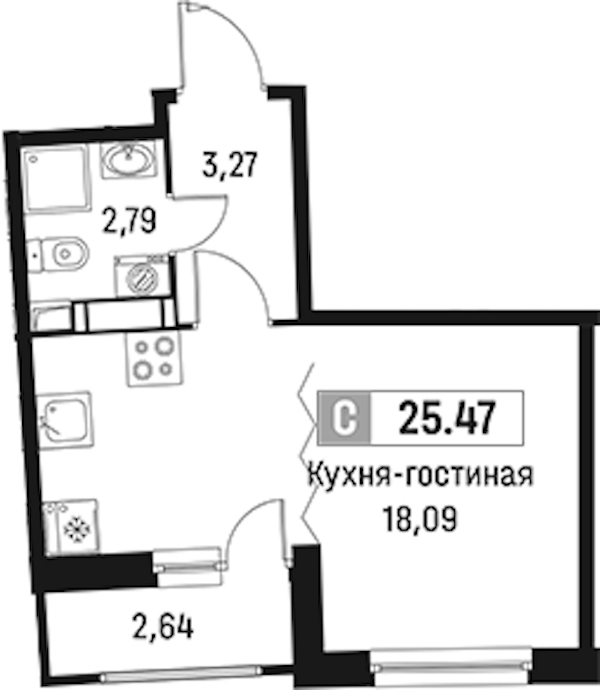 Квартира студия 25.47 м², 12/18 эт., ЖК «Авиатор»