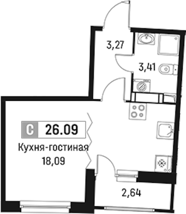 Квартира студия 26.09 м², 12/18 эт., ЖК «Авиатор»
