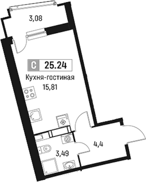 Квартира студия 25.24 м², 13/18 эт., ЖК «Авиатор»