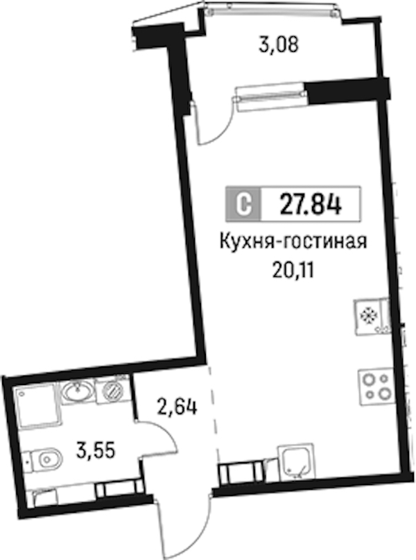 Квартира студия 27.84 м², 13/18 эт., ЖК «Авиатор»