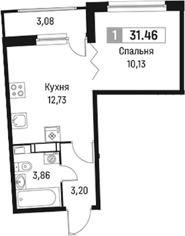 1-комнатная квартира 31.46 м², 14/18 эт., ЖК «Авиатор»