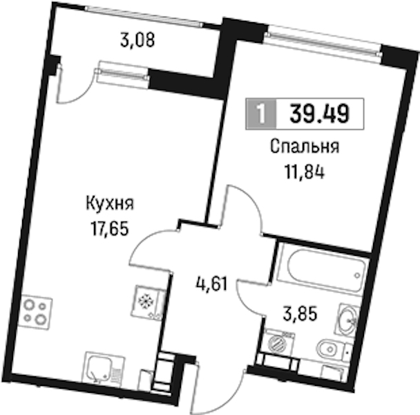 1-комнатная квартира 39.49 м², 14/18 эт., ЖК «Авиатор»