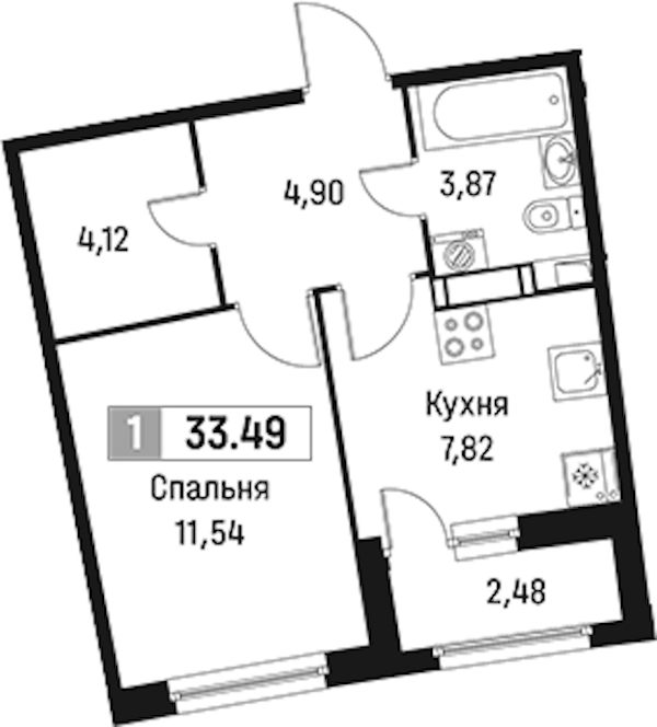 1-комнатная квартира 33.49 м², 15/18 эт., ЖК «Авиатор»