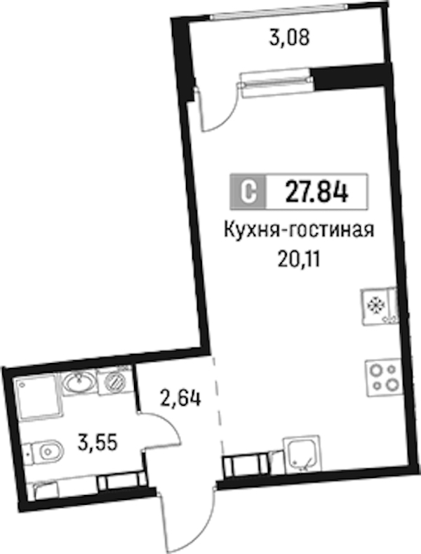 Квартира студия 27.84 м², 15/18 эт., ЖК «Авиатор»