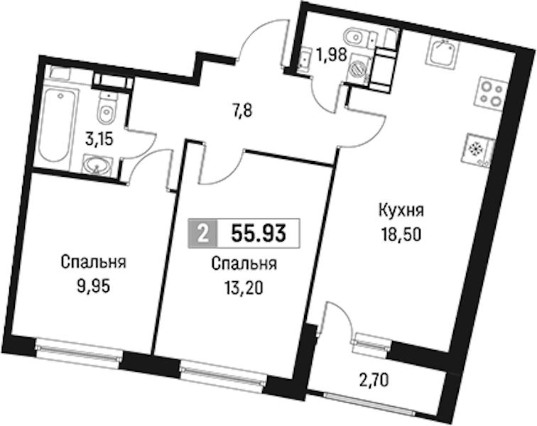 2-комнатная квартира 55.93 м², 15/18 эт., ЖК «Авиатор»