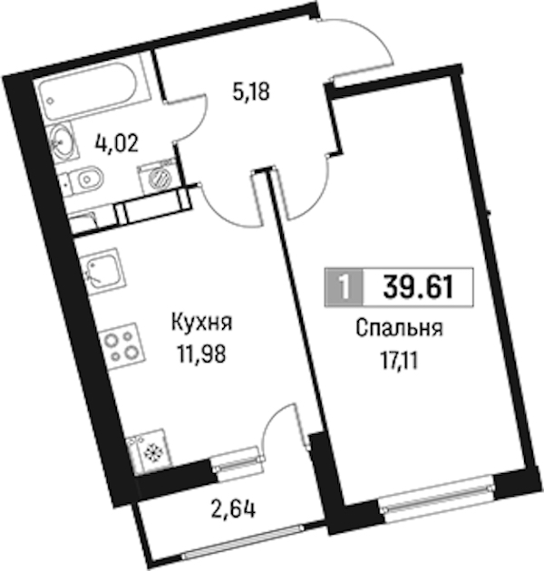 1-комнатная квартира 39.61 м², 16/18 эт., ЖК «Авиатор»