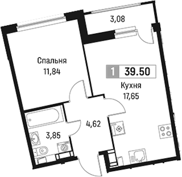1-комнатная квартира 39.5 м², 17/18 эт., ЖК «Авиатор»