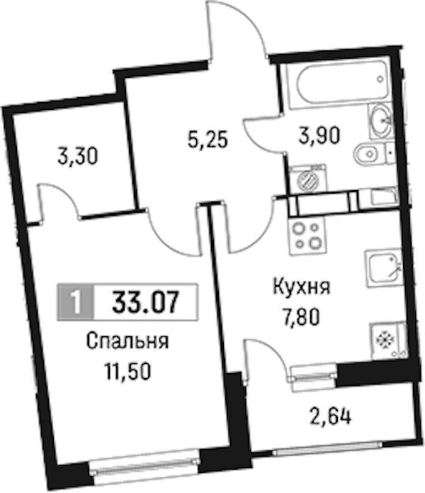 1-комнатная квартира 33.07 м², 18/18 эт., ЖК «Авиатор»