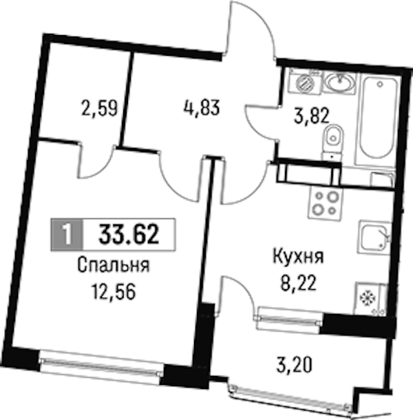 1-комнатная квартира 33.62 м², 10/18 эт., ЖК «Авиатор»