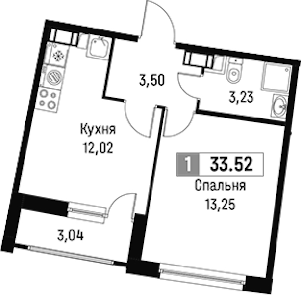 1-комнатная квартира 33.52 м², 10/18 эт., ЖК «Авиатор»