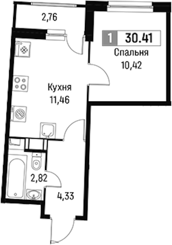 1-комнатная квартира 30.41 м², 10/18 эт., ЖК «Авиатор»