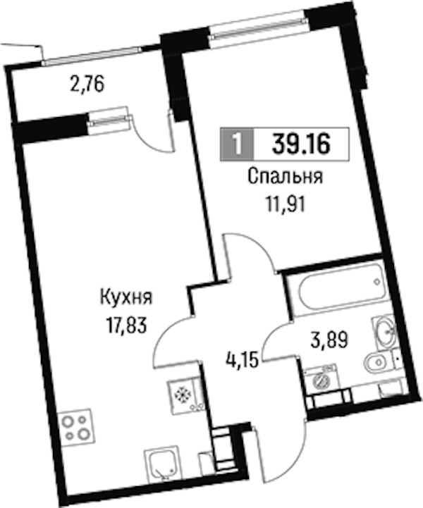 1-комнатная квартира 39.16 м², 10/18 эт., ЖК «Авиатор»