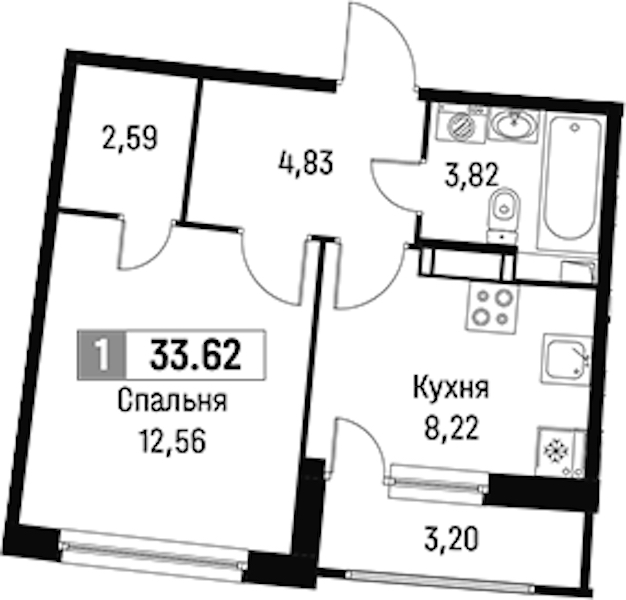1-комнатная квартира 33.62 м², 11/18 эт., ЖК «Авиатор»