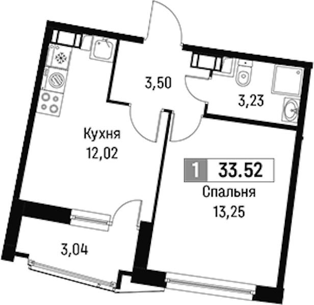 1-комнатная квартира 33.52 м², 11/18 эт., ЖК «Авиатор»