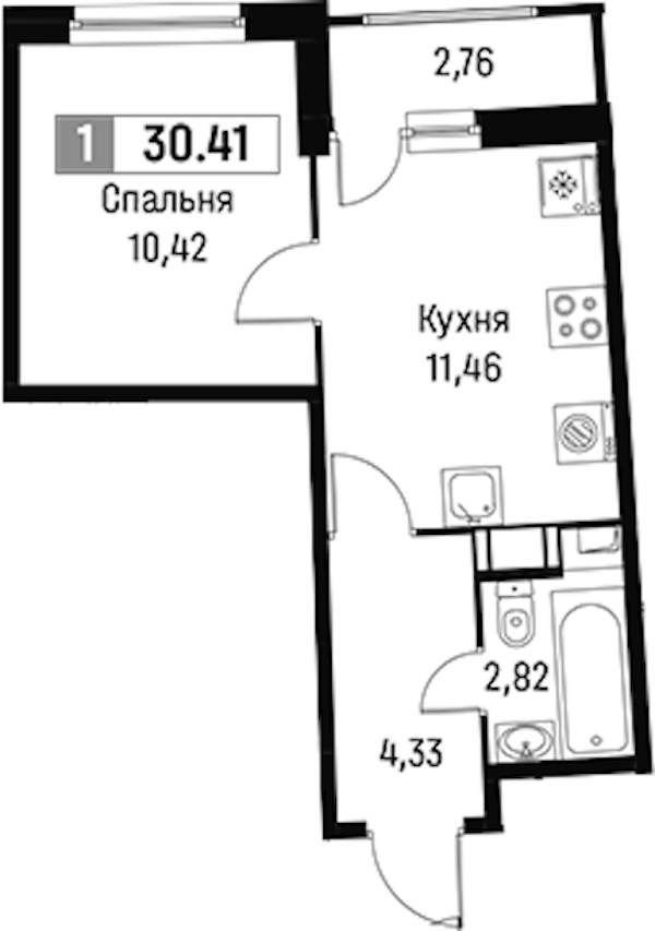 1-комнатная квартира 30.41 м², 11/18 эт., ЖК «Авиатор»
