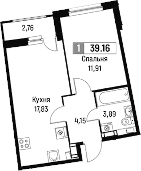 1-комнатная квартира 39.16 м², 11/18 эт., ЖК «Авиатор»