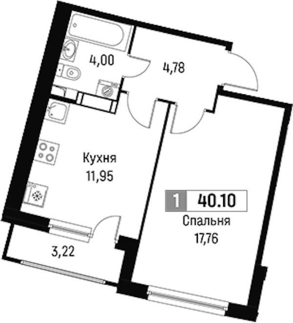 1-комнатная квартира 40.1 м², 13/18 эт., ЖК «Авиатор»