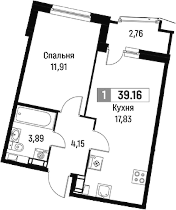 1-комнатная квартира 39.16 м², 13/18 эт., ЖК «Авиатор»