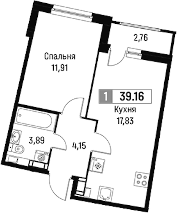 1-комнатная квартира 39.16 м², 15/18 эт., ЖК «Авиатор»
