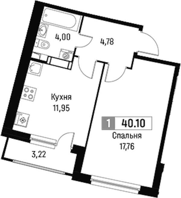 1-комнатная квартира 40.1 м², 16/18 эт., ЖК «Авиатор»