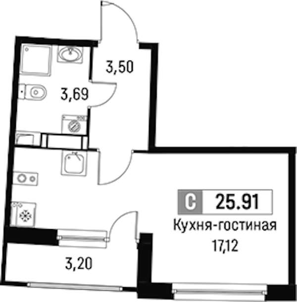 Квартира студия 25.91 м², 17/18 эт., ЖК «Авиатор»