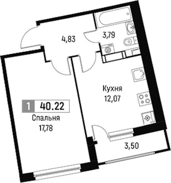1-комнатная квартира 40.22 м², 17/18 эт., ЖК «Авиатор»