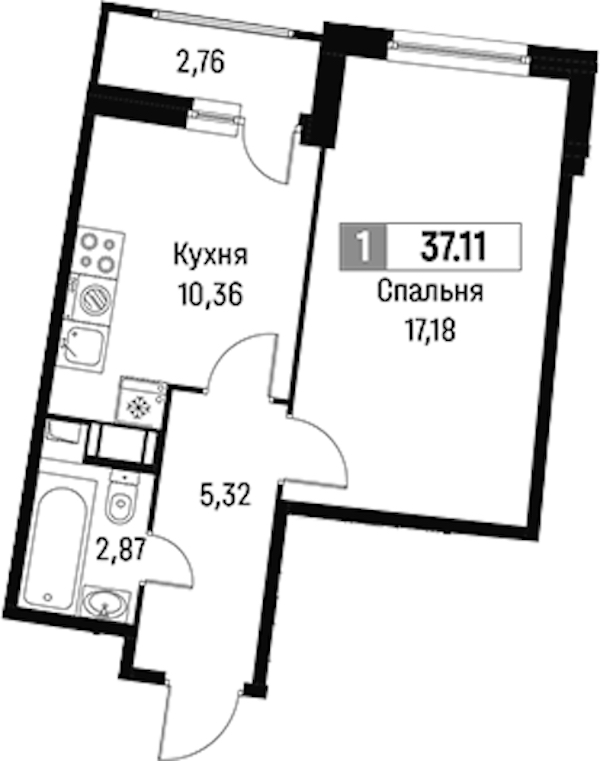 1-комнатная квартира 37.11 м², 18/18 эт., ЖК «Авиатор»