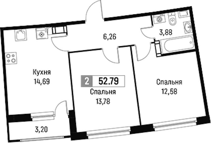 2-комнатная квартира 52.79 м², 18/18 эт., ЖК «Авиатор»
