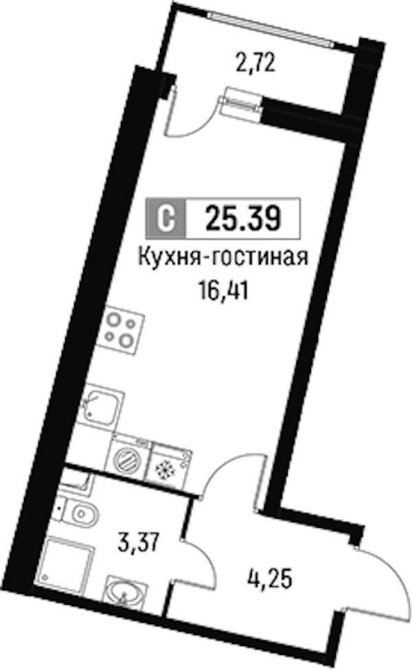 Квартира студия 25.39 м², 2/18 эт., ЖК «Авиатор»