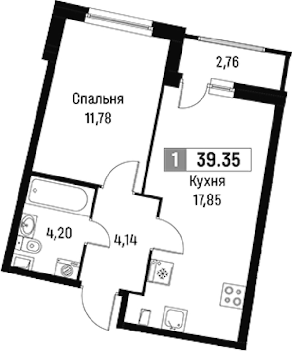 1-комнатная квартира 39.35 м², 2/18 эт., ЖК «Авиатор»