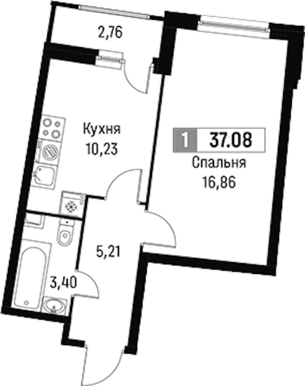 1-комнатная квартира 37.08 м², 2/18 эт., ЖК «Авиатор»
