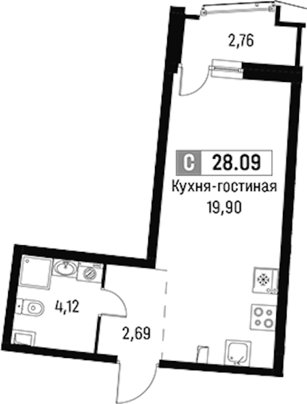 Квартира студия 28.09 м², 2/18 эт., ЖК «Авиатор»