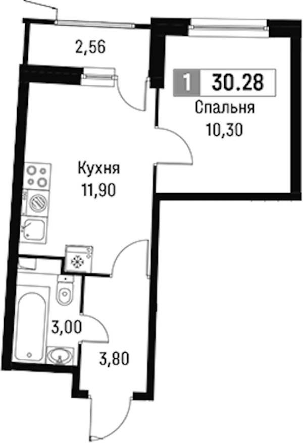 1-комнатная квартира 30.28 м², 2/18 эт., ЖК «Авиатор»