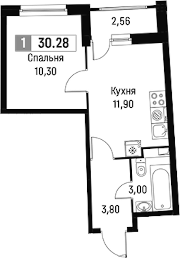 1-комнатная квартира 30.28 м², 2/18 эт., ЖК «Авиатор»