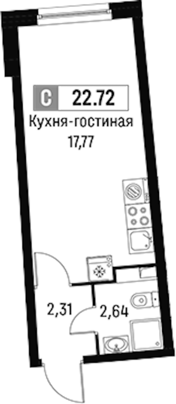 Квартира студия 22.72 м², 2/18 эт., ЖК «Авиатор»