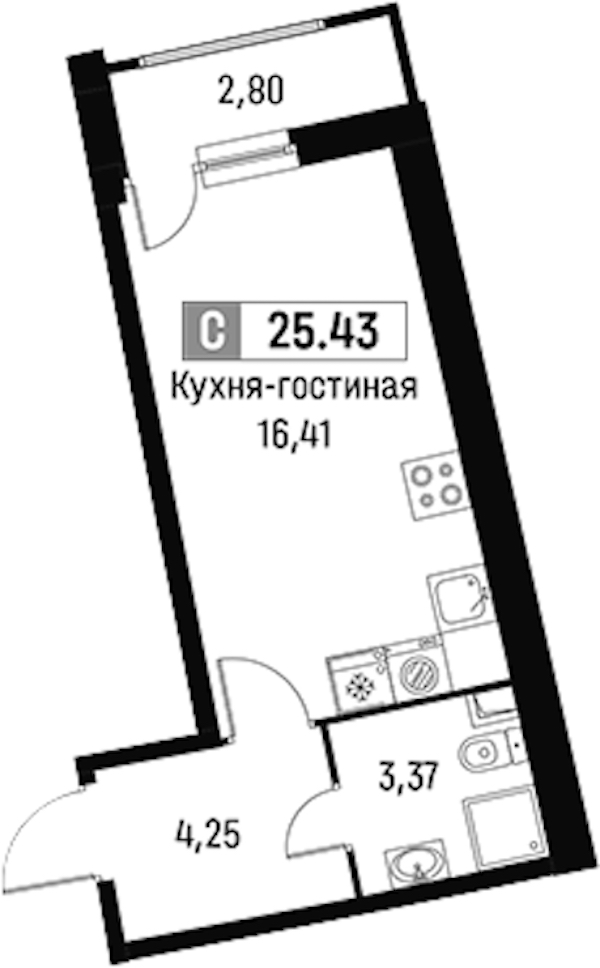 Квартира студия 25.43 м², 2/18 эт., ЖК «Авиатор»