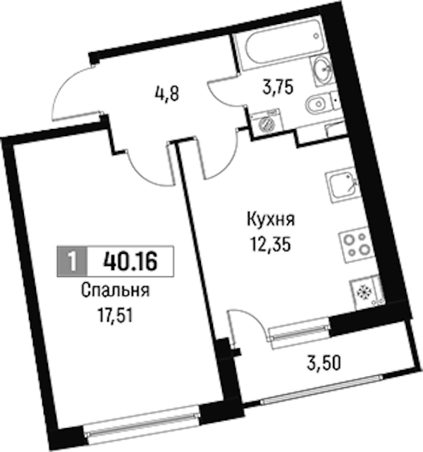 1-комнатная квартира 40.16 м², 2/18 эт., ЖК «Авиатор»