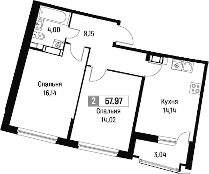 2-комнатная квартира 57.97 м², 3/18 эт., ЖК «Авиатор»