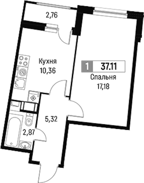 1-комнатная квартира 37.11 м², 3/18 эт., ЖК «Авиатор»